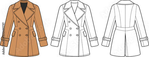 Double-breasted coat sketch, brown color, wide lapels, flap pockets, cuff straps, front view, back view, fashion design, garment template