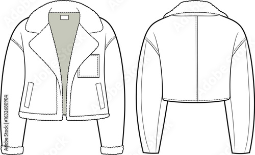 Jacket technical sketch, fluffy collar, patch pocket, slit pockets, front view, back view, garment design, fashion template, clothing illustration