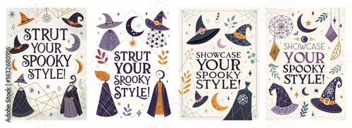 Set of four posters featuring whimsical Halloween designs with witch hats bats and spooky symbols