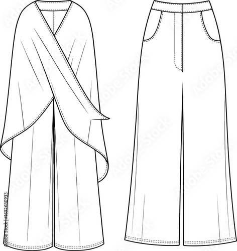 Fashion sketch, draped top, wide sleeves, loose fit, poncho style, wide-leg pants, high waist, zipper fly, garment construction, design