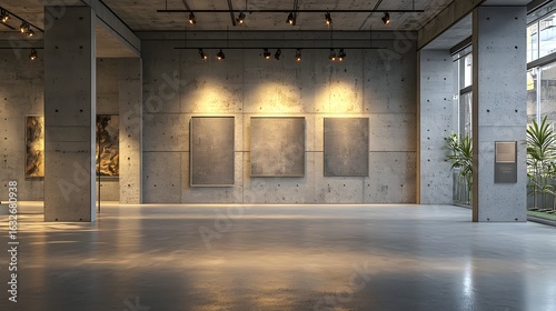 Fototapeta Naklejka Na Ścianę i Meble -  Modern Concrete Gallery Interior with Ambient Lighting and Artwork