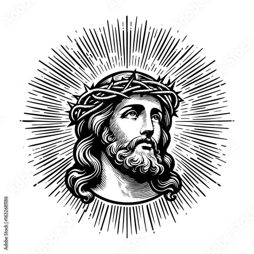 Detailed Black and White Sketch of jesus christ with sunburst	