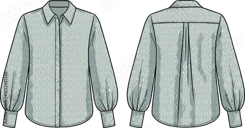 Long-sleeve shirt illustration, diamond pattern, button-up front, pleated back, cuffed sleeves, fashion sketch, garment design, clothing template, technical drawing