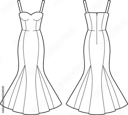 Mermaid dress sketch, front view, back view, spaghetti straps, sweetheart neckline, fitted bodice, panel skirt, zipper closure, fashion design, template