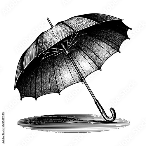 Black Umbrella opened isolated on white background. Vector illustration in sketch style