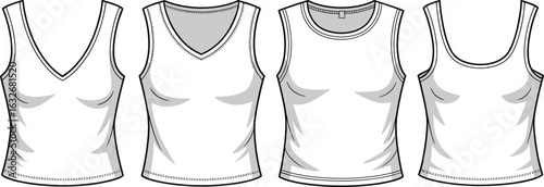 Sleeveless top sketch, deep V-neckline, shallow V-neckline, round neckline, scoop neckline, fashion illustration, garment template, clothing design, variation