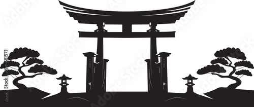 Japanese Torii Gate Silhouette with Bonsai Trees and Lanterns