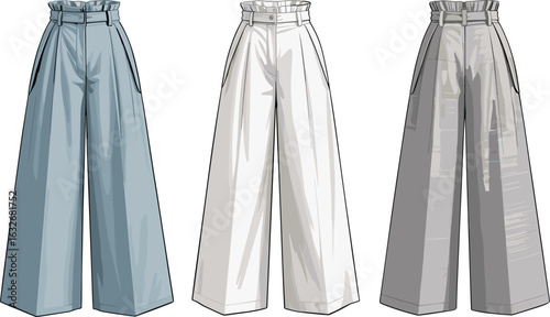 Wide-leg pants sketch, high waist, gathered waistband, pleated front, belt loops, side pockets, fashion illustration, color variation, garment design