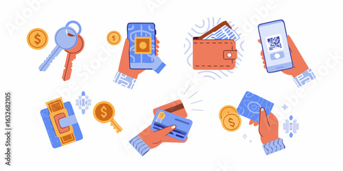 Collection of hands holding various payment methods and keys illustrating digital and physical transactions