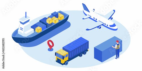 Global logistics and shipping services with cargo ship airplane truck and warehouse worker