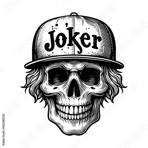 Detailed Black and White Drawing of skull wear baseball hat with joker word Engraving Illustration