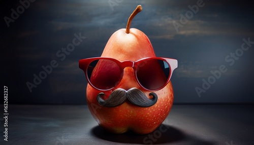 a whimsical red pear wearing oversized sunglasses and a fake mustache against a dark background