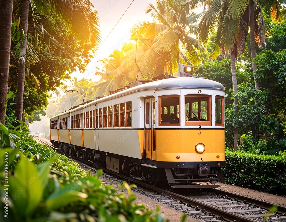 Naklejka premium Vintage tram in a tropical garden