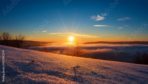tranquility and lucidity of a chilly morning are depicted in a scene where earth appears to pause while sun ascends and gently heats surroundings