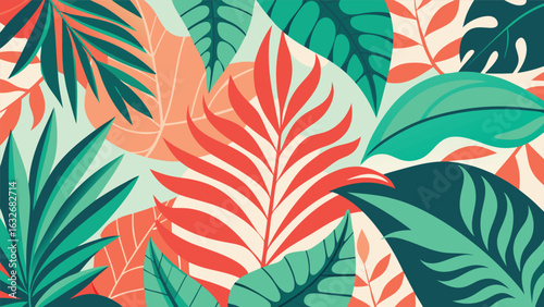 Colorful tropical leaf pattern illustration in vibrant shades of green coral and beige