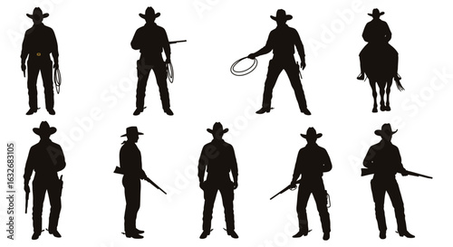 Collection of ten cowboy silhouettes in various poses and with different western accessories silhouette. vector design. Silhouette vector design illustration
