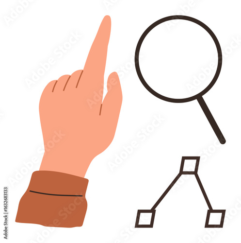 Hand gestures toward ideas with magnifier and diagram for strategy, innovation, search, research, decisions, planning. Ideal for navigation, education, analysis and teamwork in a simple flat