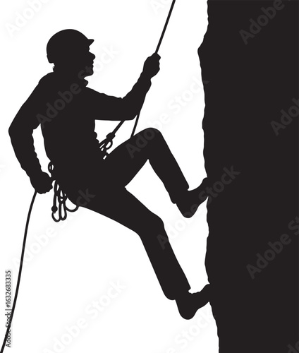 Rock Climber Silhouette Rappelling Down Cliff Against Transparent Backdrop Depicting Adventure