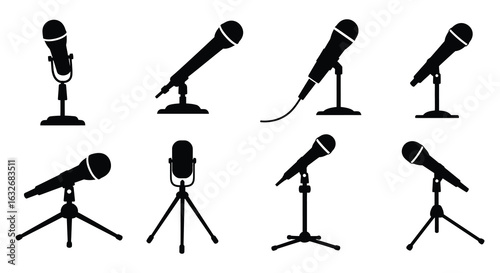 Collection of eight distinct microphone silhouettes on stands for music and performance. vector design. Silhouette vector design illustration
