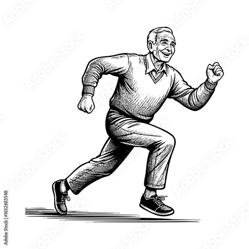 Detailed Black and White Drawing of old man happily running	in monochrome drawing