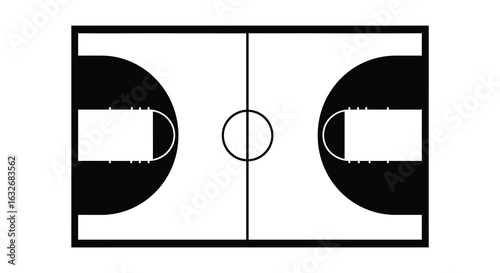 Overhead view of a basketball court with clear lines and markings in a simple silhouette style. vector design. Silhouette vector design illustration
