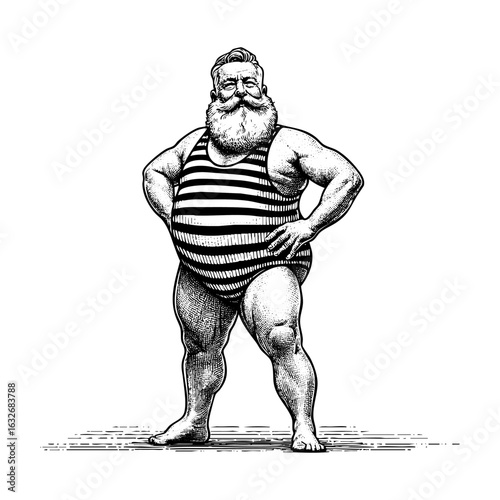 Black and white bearded old man wear stripped swimsuit illustration silhouette