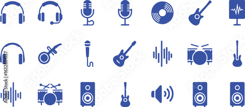 Blue music and audio icons on white background headphones