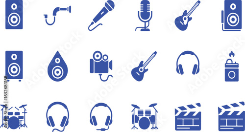 Blue music and media icons on white background speaker