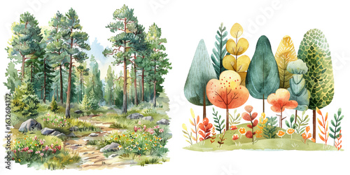 spring forest watercolor vector illustration