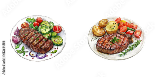 steak with vegetables watercolor vector illustration