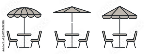 Outdoor Cafe Table and Chairs Icon Set Simple Line Art Design for Restaurant Terrace or Patio Seating Area