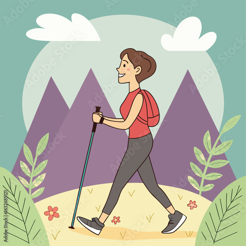 Woman hiking with trekking poles and backpack enjoying a scenic mountain landscape silhouette