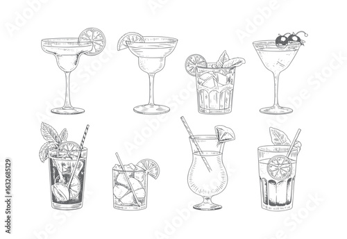 Vintage hand drawn cocktail glass set with citrus garnish and straws. Engraving style drink Vector illustration.