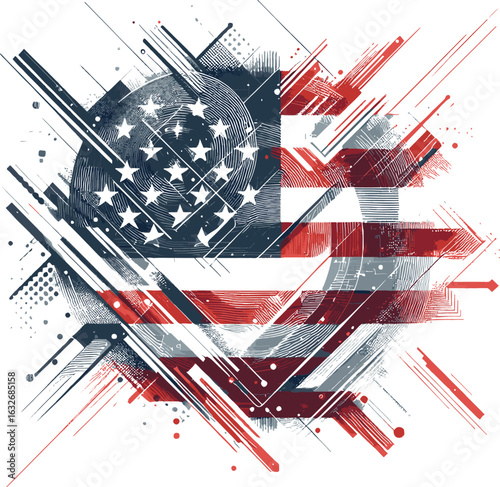 An artistic depiction of the American flag featuring sharp geometric patterns and modern abstraction, symbolizing patriotism and innovative art.