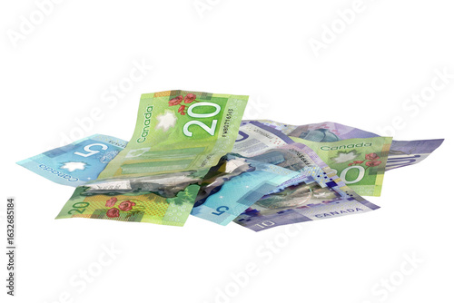 Konstfotografi Messy pile of Canadian dollar bills in mixed denominations isolated cutout on tr