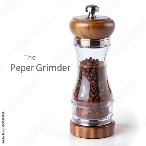 A modern wooden and glass pepper grinder filled with peppercorns, isolated on white background