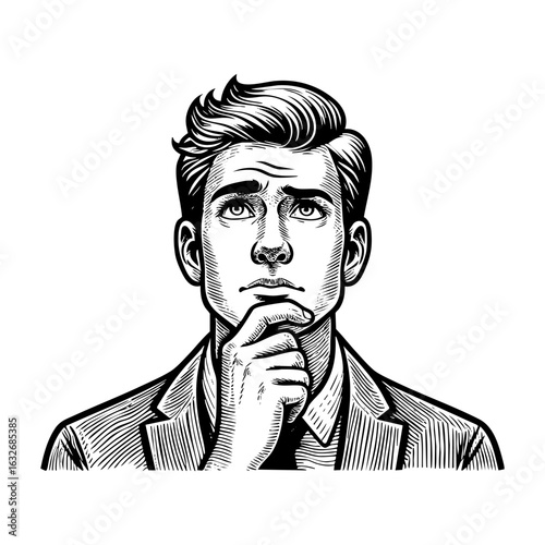 Antique engraved illustration from man hand on chin	ink sketch. Vector isolated on transparent background.