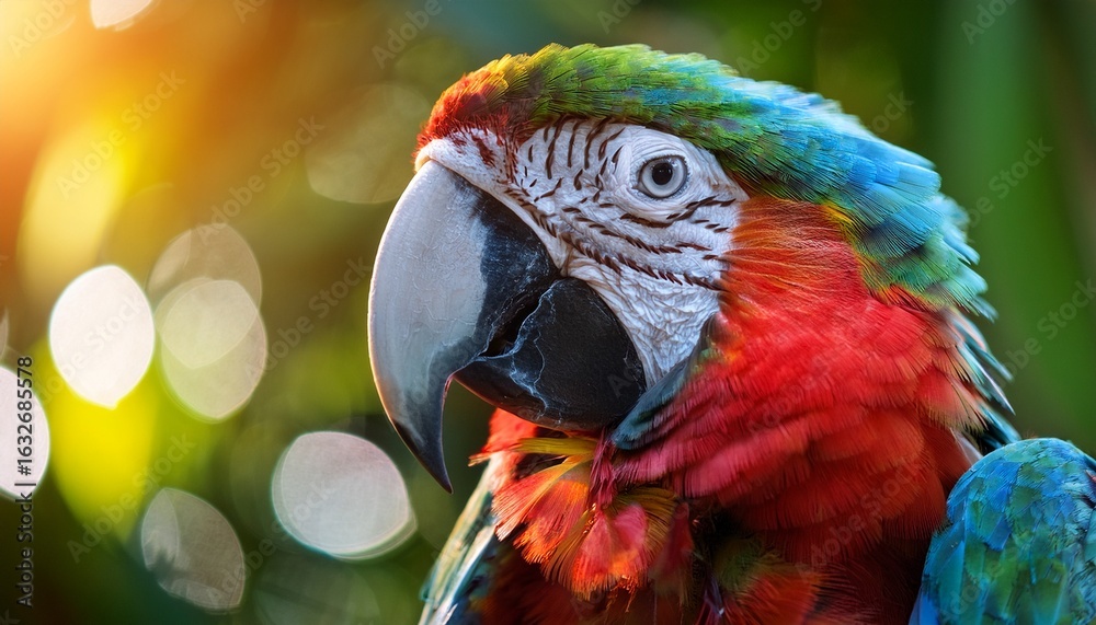 Obraz premium vibrant macaw parrot in tropical rainforest with colorful plumage and bokeh background