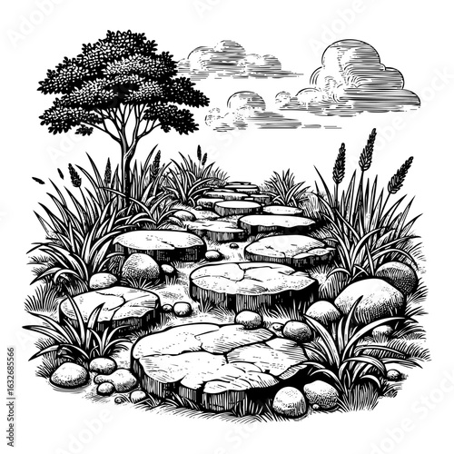 Antique engraved illustration of	Pathway of stepping stones in Black and White Detailed Line Art
