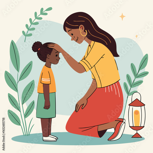 Loving mother gently touches forehead of her child in a tender moment silhouette
