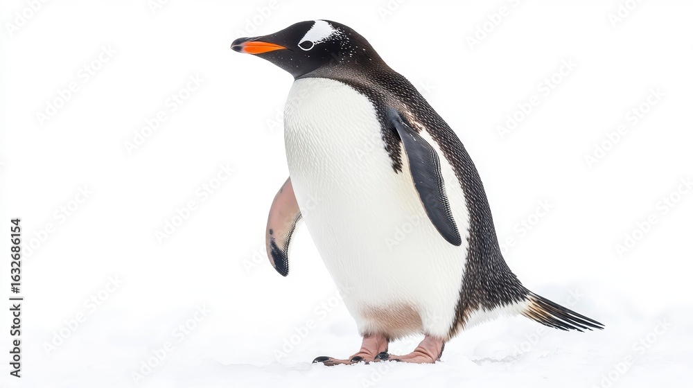 Obraz premium Elegant Gentoo Penguin Standing on Snowy White Ground