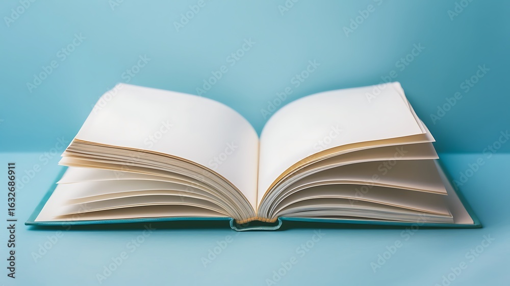 Fototapeta premium An Open Book With Blank Pages on a Blue Background