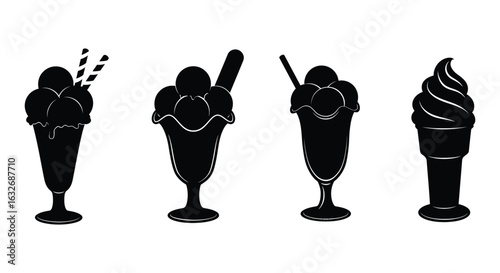 Collection of four distinct ice cream sundae and cone silhouettes on a white background. vector design. Silhouette vector design illustration
