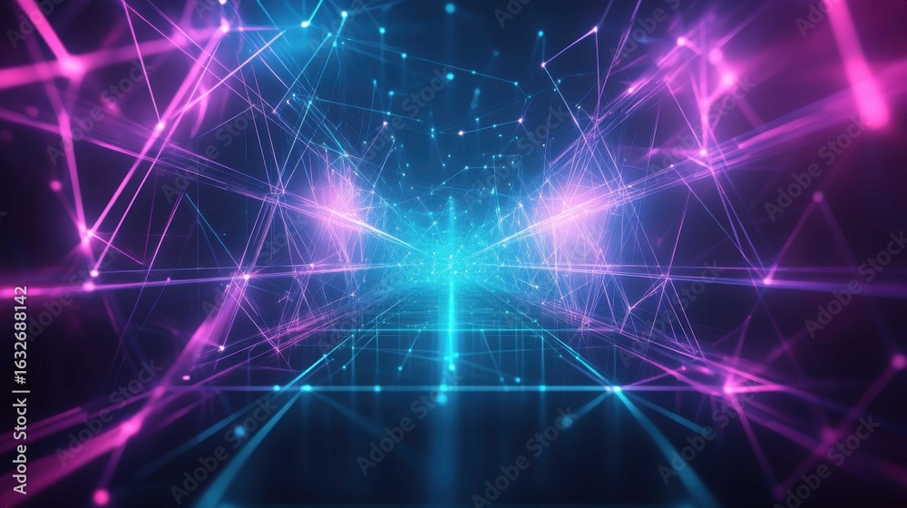 Fototapeta premium Futuristic digital tunnel with vibrant blue and pink lights, creating a sense of depth and motion