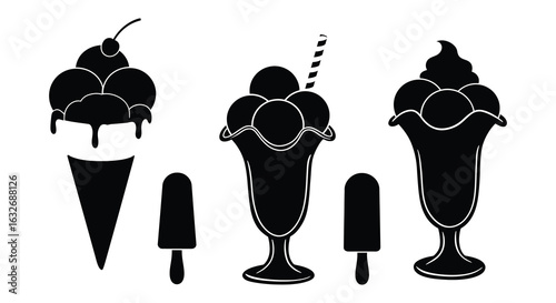 Collection of three different ice cream cones and sundaes in a black silhouette style. vector design. Silhouette vector design illustration
