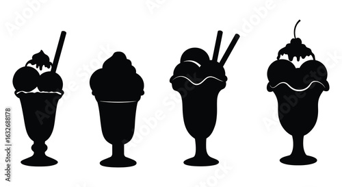Collection of four distinct ice cream sundae desserts in tall glasses with toppings and straws silhouette. vector design. Silhouette vector design illustration
