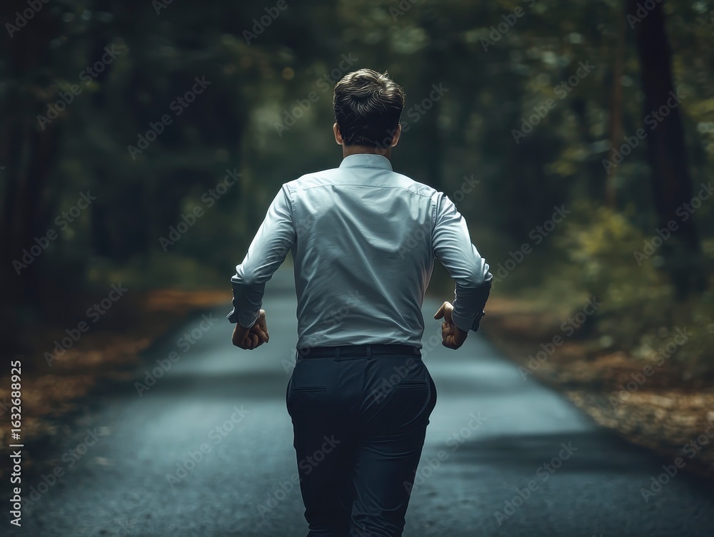 Obraz premium Man in Dress Shirt Running on a Forest Road Surrounded by Trees