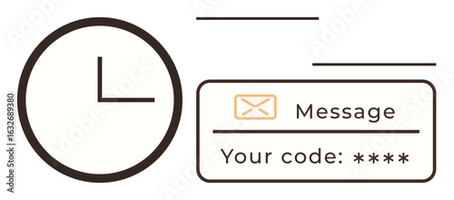 Clock icon paired with a message notification and secure code field. Ideal for security, authentication, password protection, time tracking, communication, notifications, data privacy in a simple