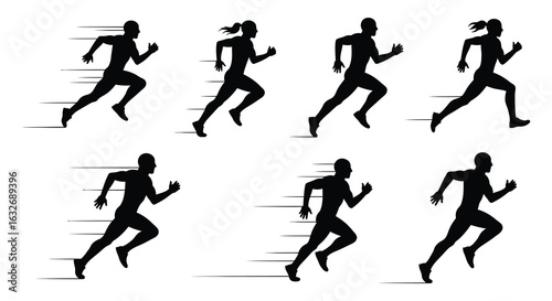 Group of male and female runners in motion depicted as dynamic black silhouettes against a white background showcasing speed and athletic movement silhouette. vector design. Silhouette vector design 