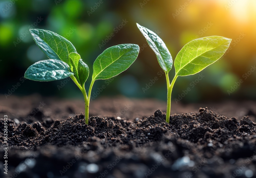Fototapeta premium Fresh Seedlings Growing in Soil Under Sunlight in Garden